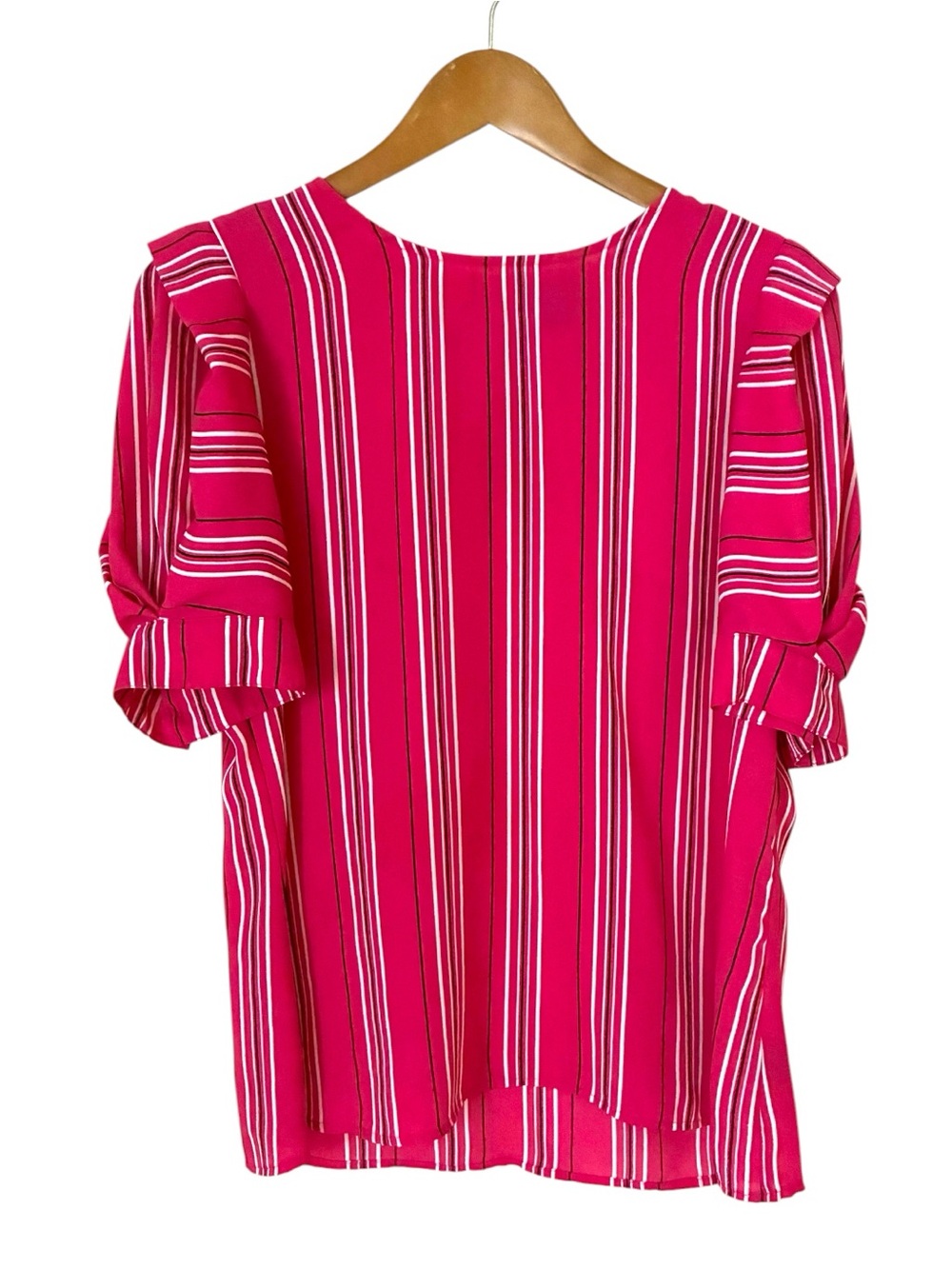 Worthington Sz MEDIUM Fuchsia White Stripe Puff Sleeve Blouse Top Office Dressy